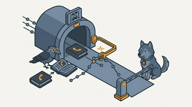 the raven sorting two phone-books through a toll tunnel that grabs every call, one amber phone, the wolf holding the gate