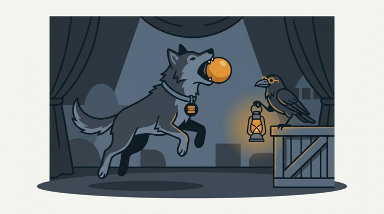 the wolf catching a fault ball thrown in a stage show, an amber ball, the raven holding a small lantern
