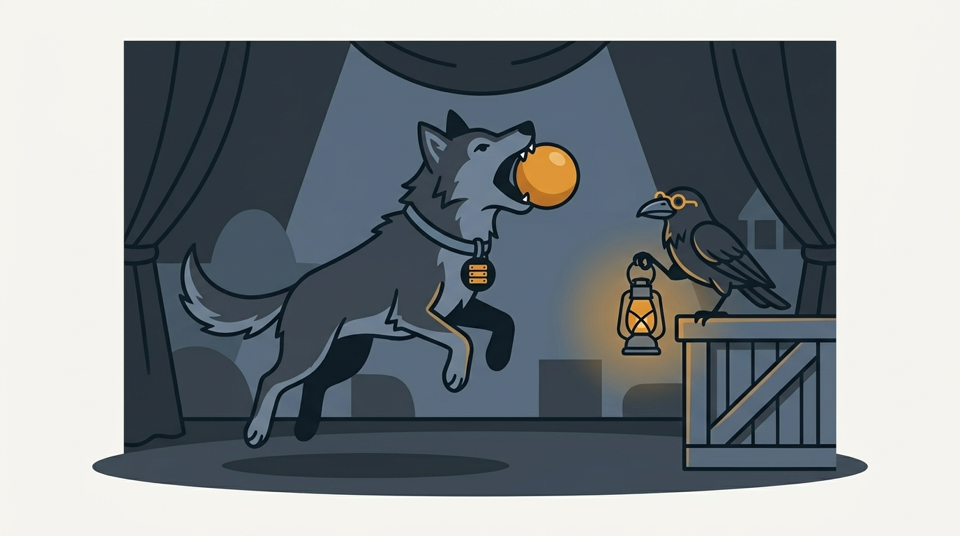 the wolf catching a fault ball thrown in a stage show, an amber ball, the raven holding a small lantern