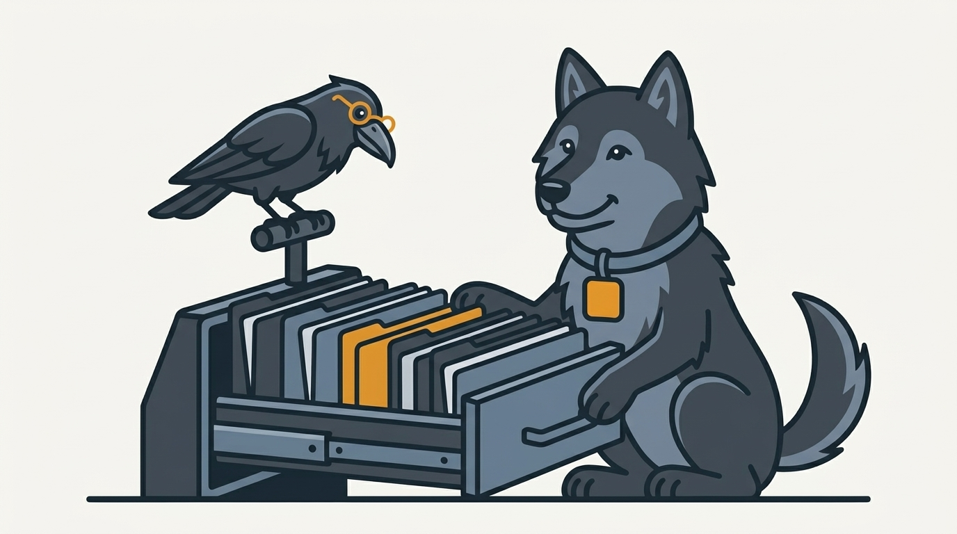 the wolf holding open a settings drawer with many labelled folders, one amber, the raven peering