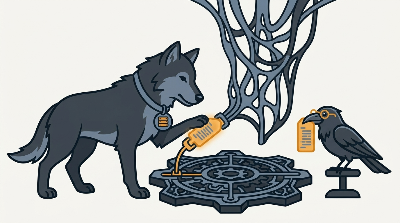 the wolf binding XML tags to a Silverlight stage, an amber tag, the raven carrying a spare piece