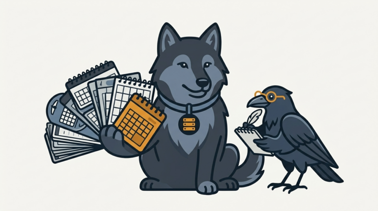the wolf holding a date calendar in many formats like fans, an amber one, the raven taking notes with a feather