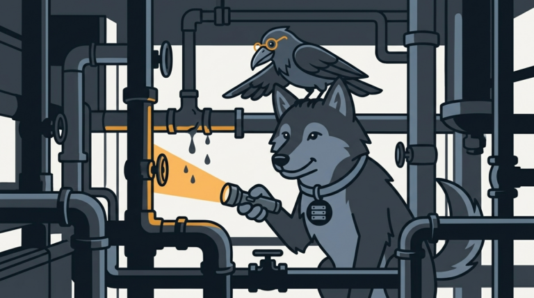 the wolf holding a flashlight in a dark room of tangled pipes to find a leak, an amber light, the raven pointing