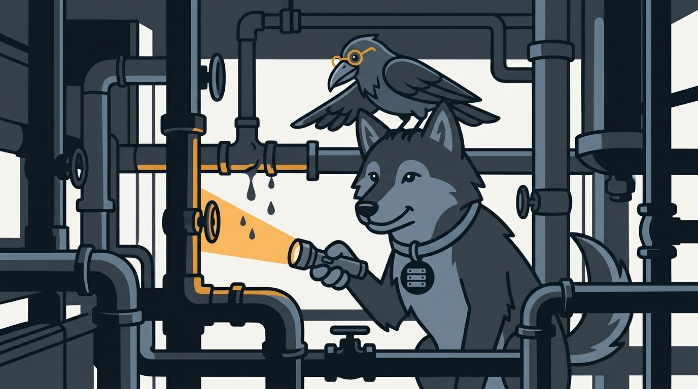 the wolf holding a flashlight in a dark room of tangled pipes to find a leak, an amber light, the raven pointing