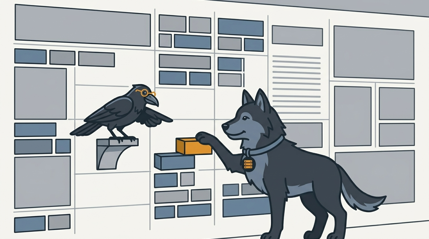 the wolf plugging brick-shaped placeholders into a master page wall, one amber brick, the raven pointing