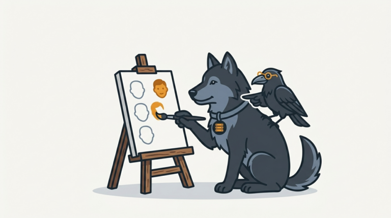 the wolf painting sample faces into a form design, an amber sample, the raven pointing