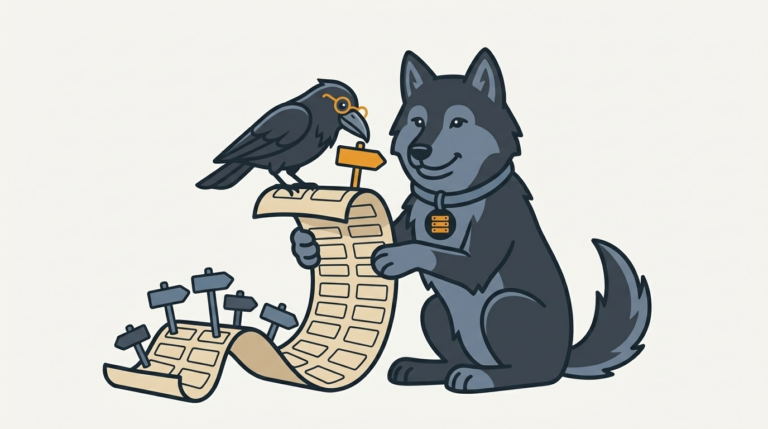 the wolf unrolling a long scroll of address labels, many small signposts pinned along it, one amber, the raven reading them through its glasses