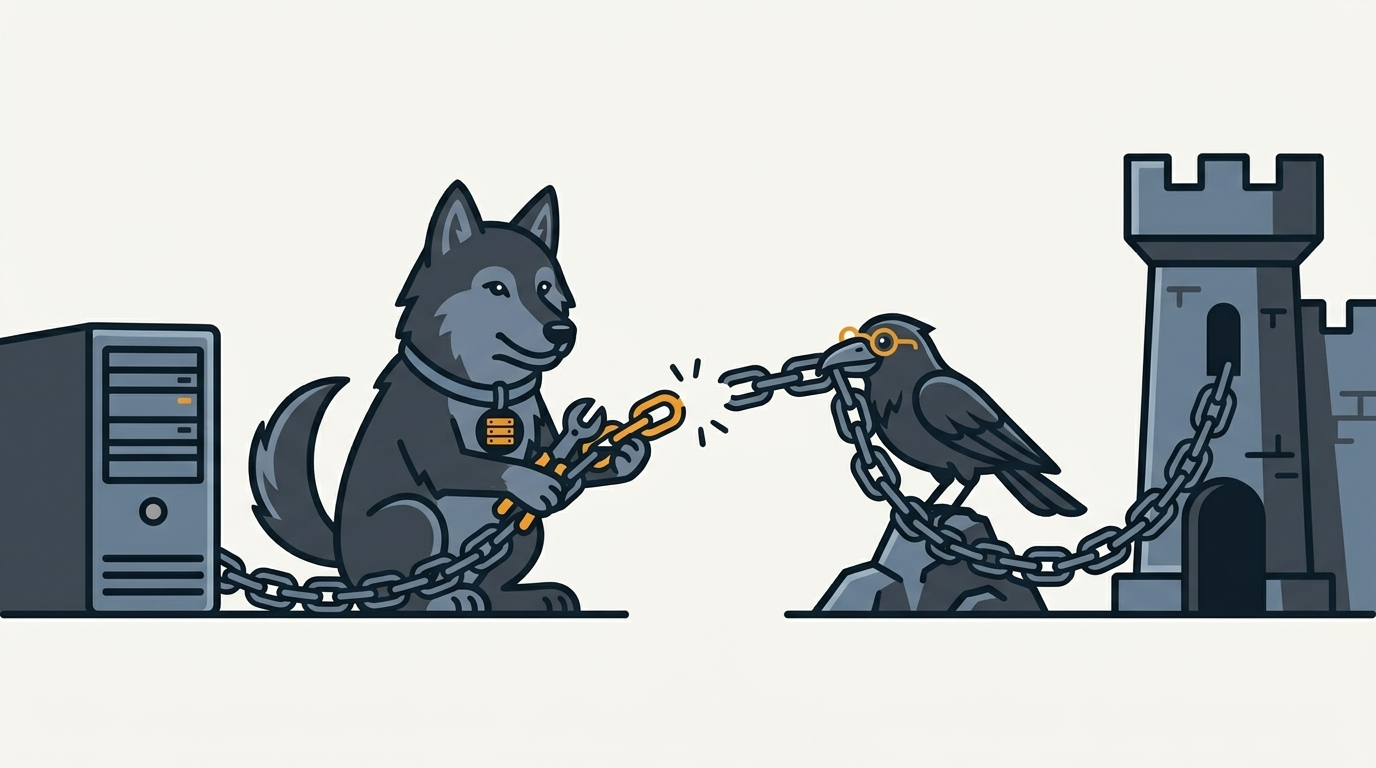 the wolf mending a snapped chain between a computer and a castle with an amber link, the raven holding the other end