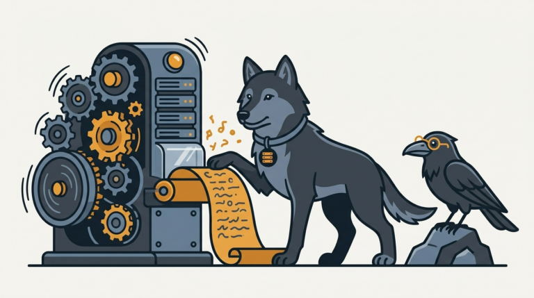 the wolf slipping a new script scroll into a machine in motion, an amber scroll, the raven watching