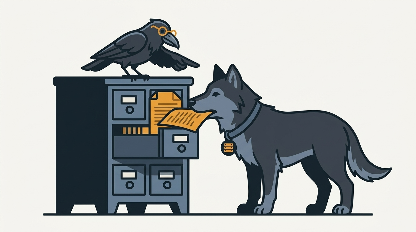 the wolf mailing a document out of a library drawer, an amber page, the raven pointing