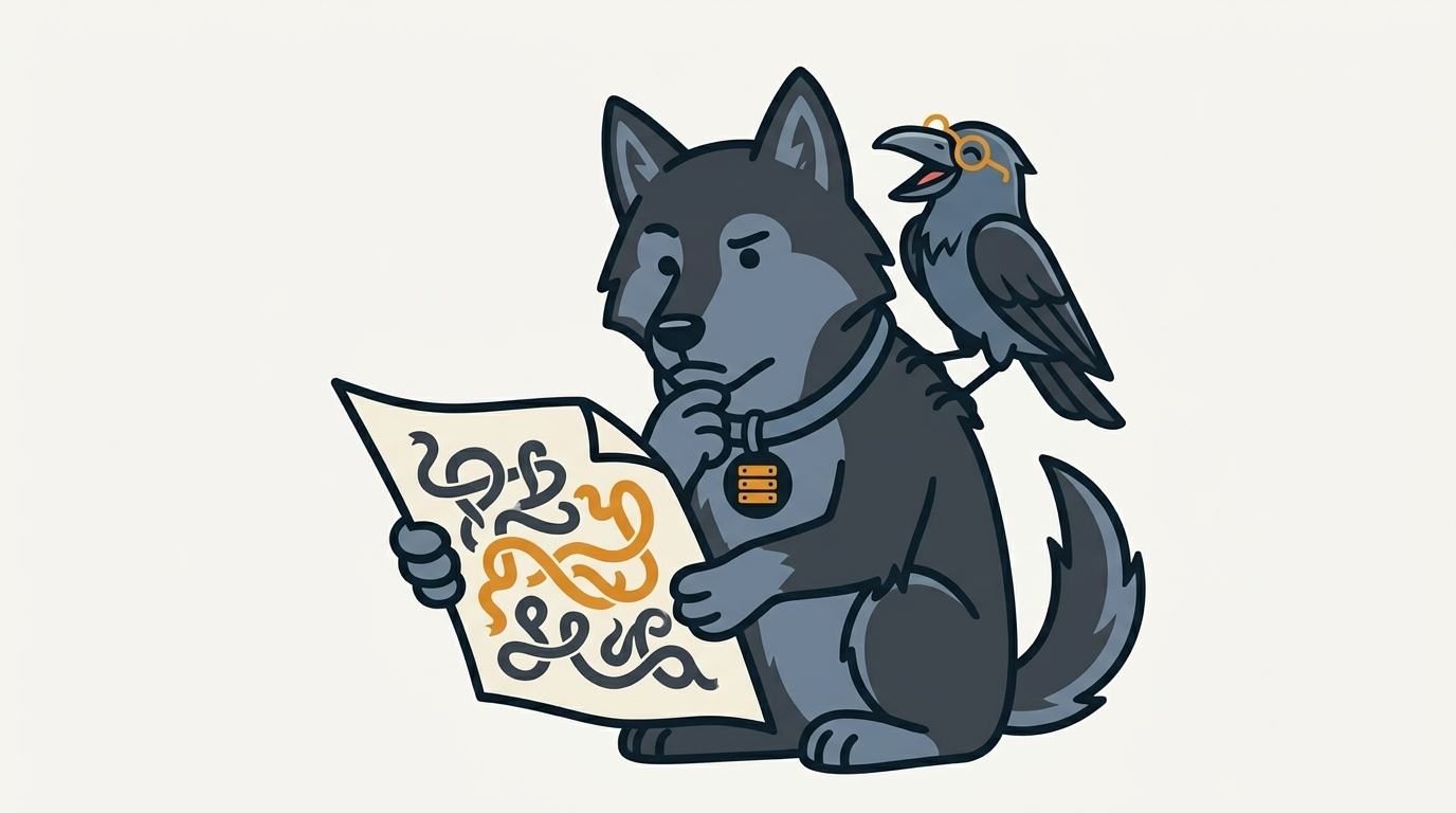 the wolf trying to read aloud from a page of tangled ribbon-shaped letters while the raven laughs, one ribbon amber