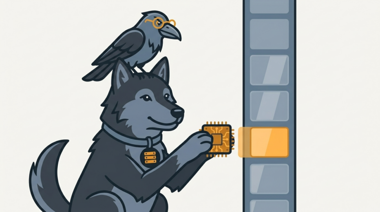 the wolf stuffing a gadget into a Vista sidebar, an amber gadget, the raven peering through its glasses