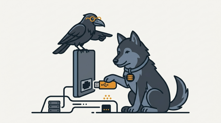 the wolf setting up a USB stick with a quick installer, an amber stick, the raven pointing