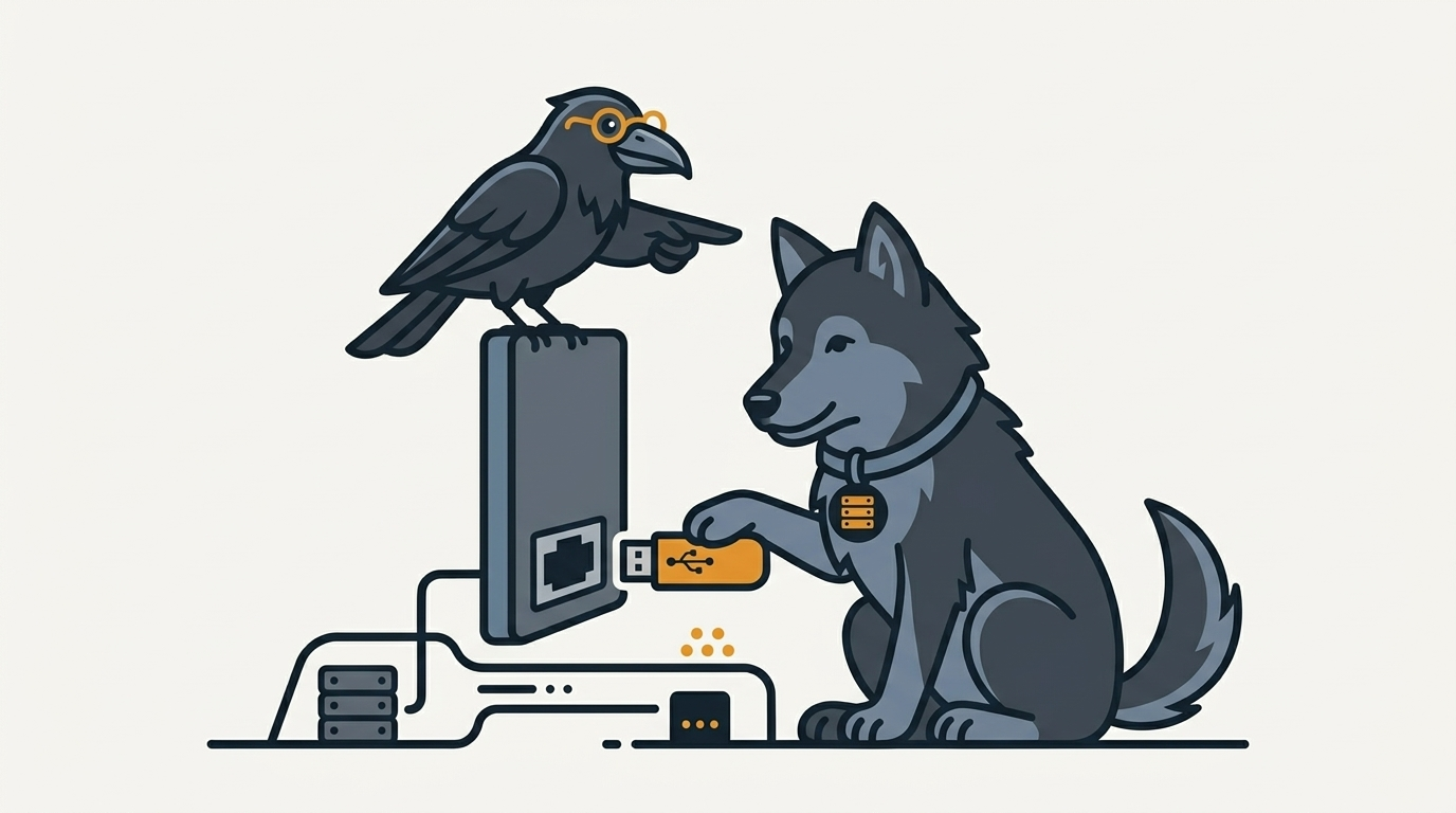 the wolf setting up a USB stick with a quick installer, an amber stick, the raven pointing