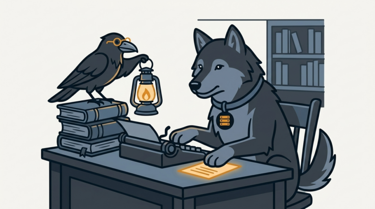 the wolf writing code against a catalog desk, an amber page, the raven holding a small lantern
