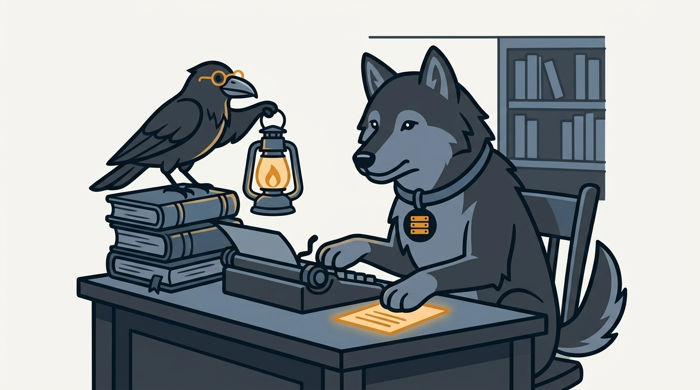 the wolf writing code against a catalog desk, an amber page, the raven holding a small lantern
