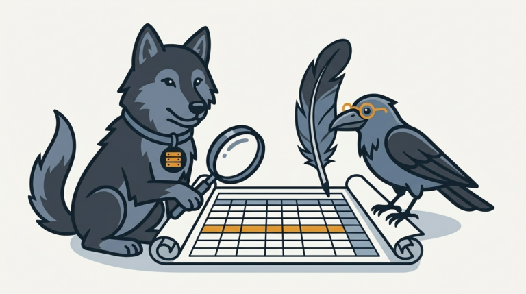 the wolf holding a chart advisor lens over a spreadsheet, an amber bar, the raven taking notes with a feather