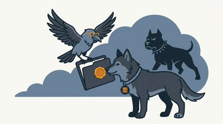 the wolf checking the amber seal on a folder that the raven is carrying out of a cloud, the seal not trusted by a guard dog silhouette