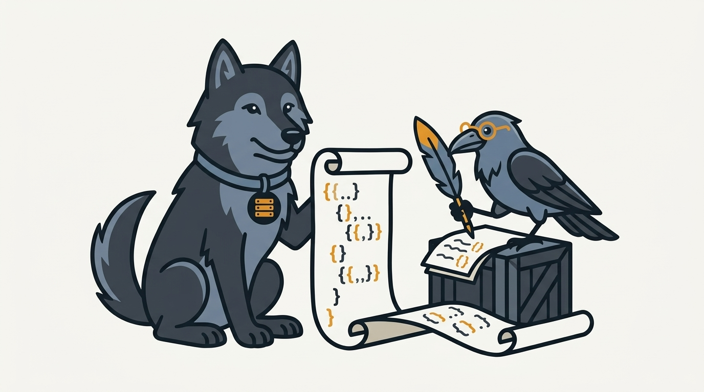 the wolf holding a long scroll of curly-braced samples, one amber, the raven taking notes with a feather
