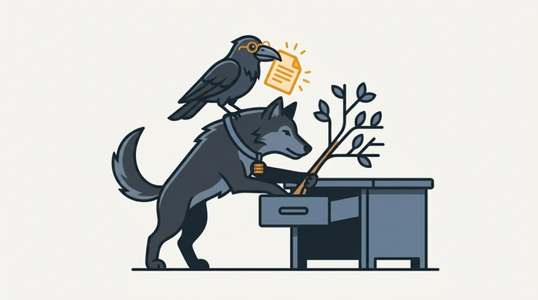 the wolf pulling a tree-shaped branched vocabulary out of a drawer into a glowing amber page, the raven holding the page