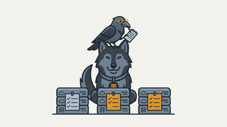 the wolf taking a little inventory of a row of virtual machine boxes, a lined list pinned to each, one amber, the raven noting it down