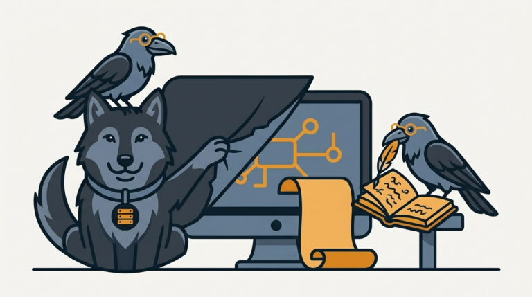 the wolf lifting the veil on an unknown error screen, an amber note, the raven taking notes with a feather