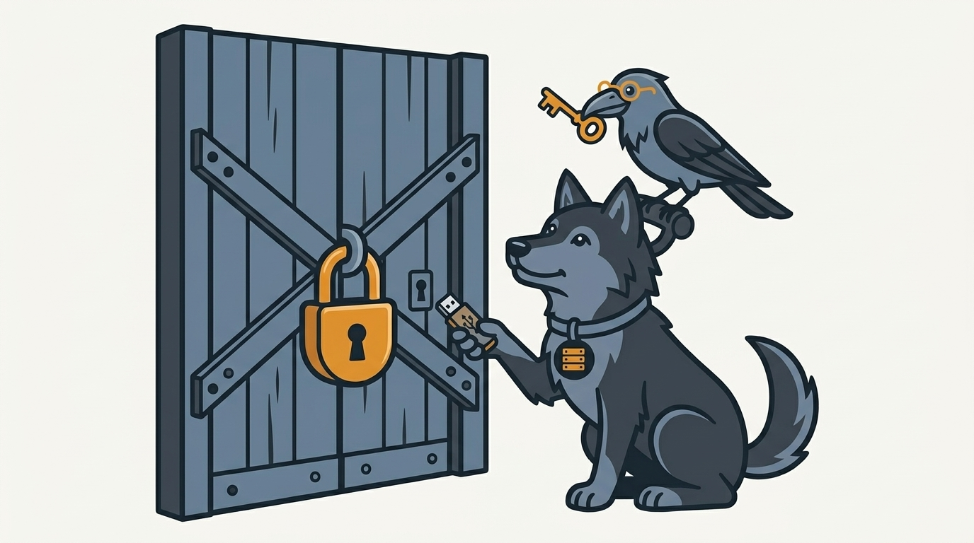 the wolf holding a USB stick up to a blocked door that won't open, an amber lock, the raven carrying a key