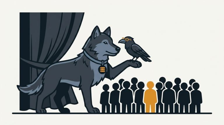 the wolf lifting a curtain on a sign-in stage where a whole crowd of small user silhouettes stands waiting, one amber, the raven pointing