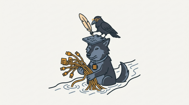 the wolf carrying a bundle of government data feeds from a stream, an amber feed, the raven taking notes with a feather