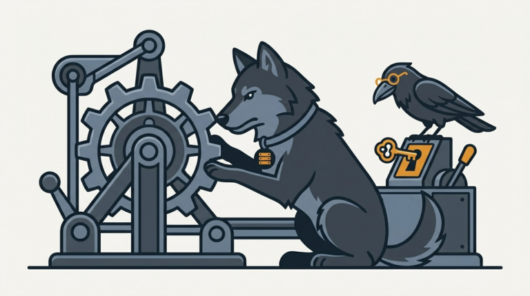 the wolf nudging a stalled gear wheel back into motion in a directory machine with an amber lever, the raven turning a key