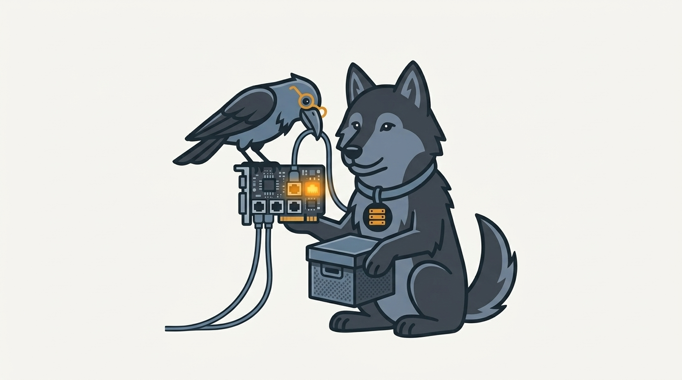 the raven reaching down to plug two cables into a tiny circuit card with many ports shrunk to a few, the amber port glowing, the wolf holding a storage box