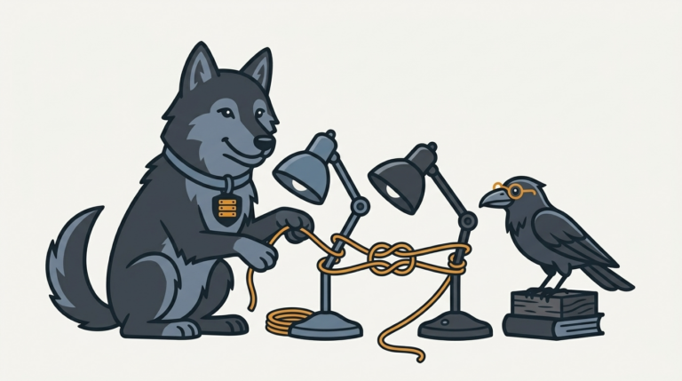 the wolf tying a data binding between two lamps with a string, an amber string, the raven peering through its glasses