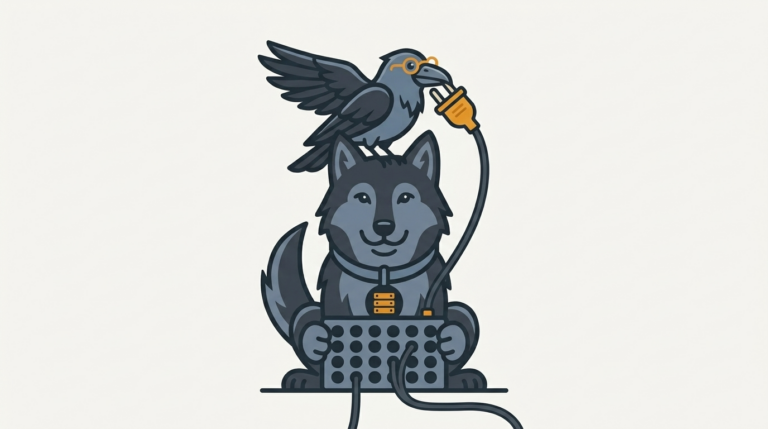 the raven pulling a stuck plug out of a switchboard socket, one amber plug, the wolf holding the board steady