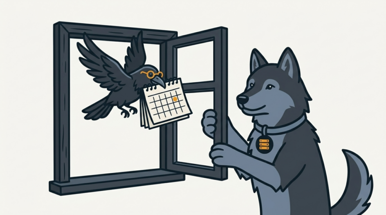 the raven carrying a calendar to a new window, an amber date mark, the wolf holding the window open