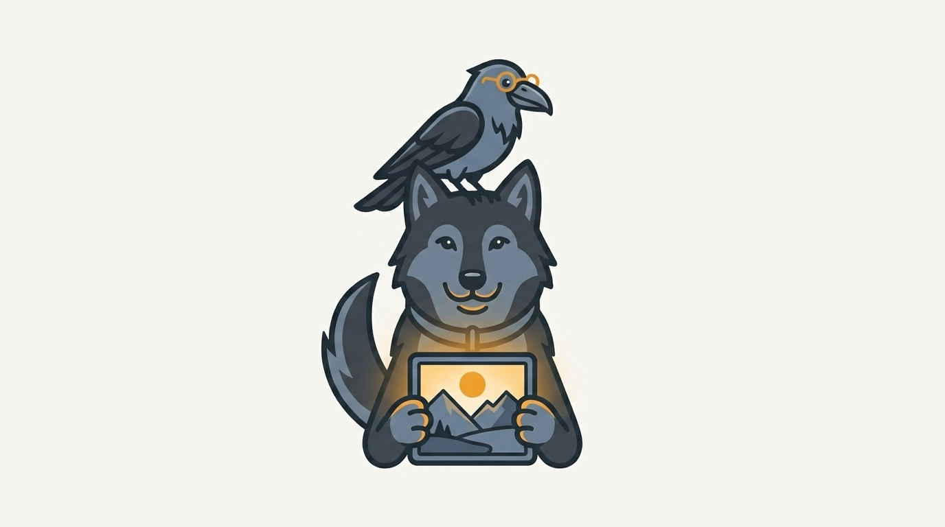 the wolf opening a pocket-sized glowing window to a vast landscape of mountains, an amber sun, the raven perched on top