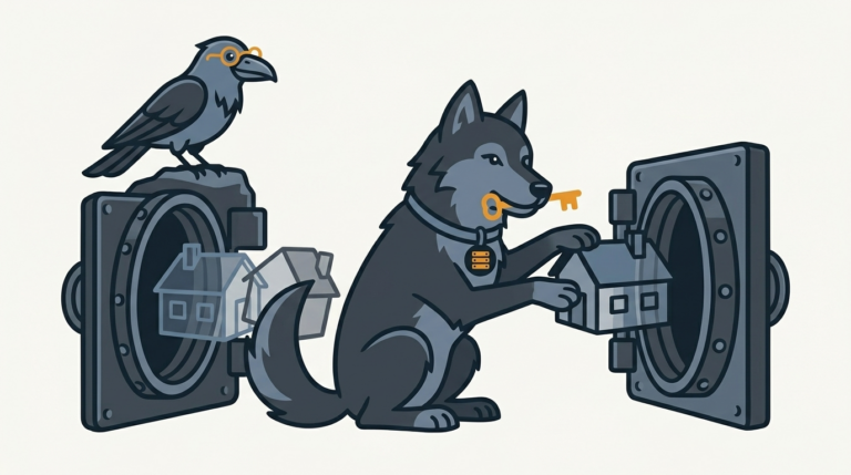 the wolf placing a safe copy of a house in two vaults at once, an amber key, the raven watching