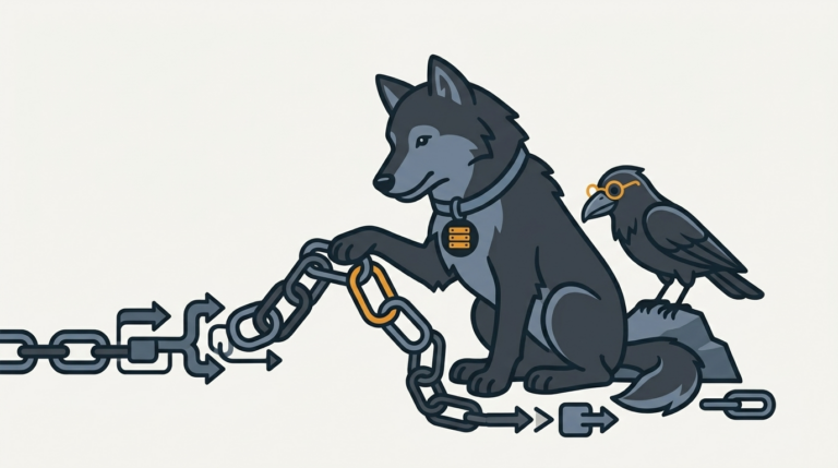 the wolf joining small link-lists in an easy query chain, an amber link, the raven peering through its glasses