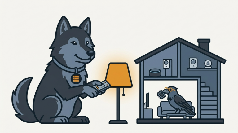 the wolf dimming the lights in a miniature smart house with a remote, an amber lamp, the raven carrying a spare piece