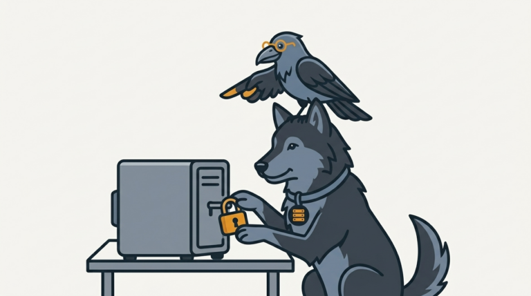 the wolf locking a database to a single user with a small padlock, an amber lock, the raven pointing with a wing
