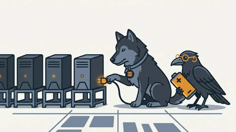 the wolf pulling the plug on a row of virtual-machine boxes one by one before the lights fade, an amber power light, the raven holding a battery