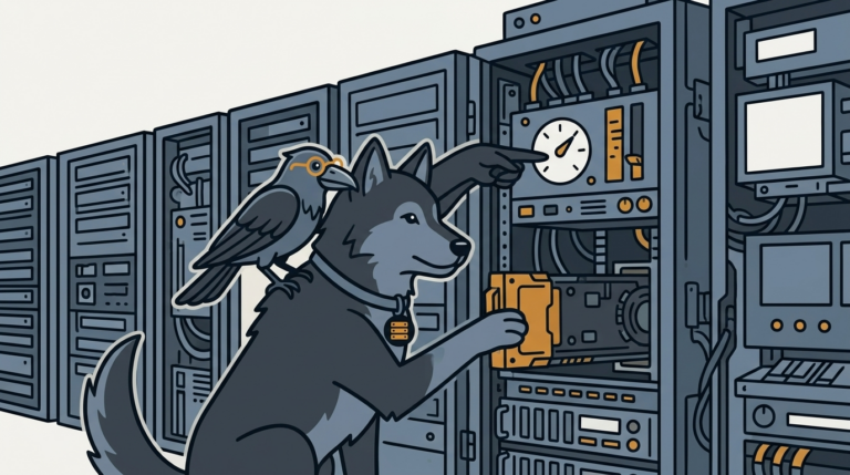 the wolf swapping a worn-out part in a whole running farm without stopping it, an amber part, the raven pointing at the dial