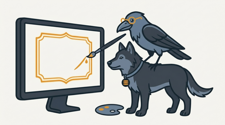 the wolf painting a new image on a login screen, an amber frame, the raven holding the brush