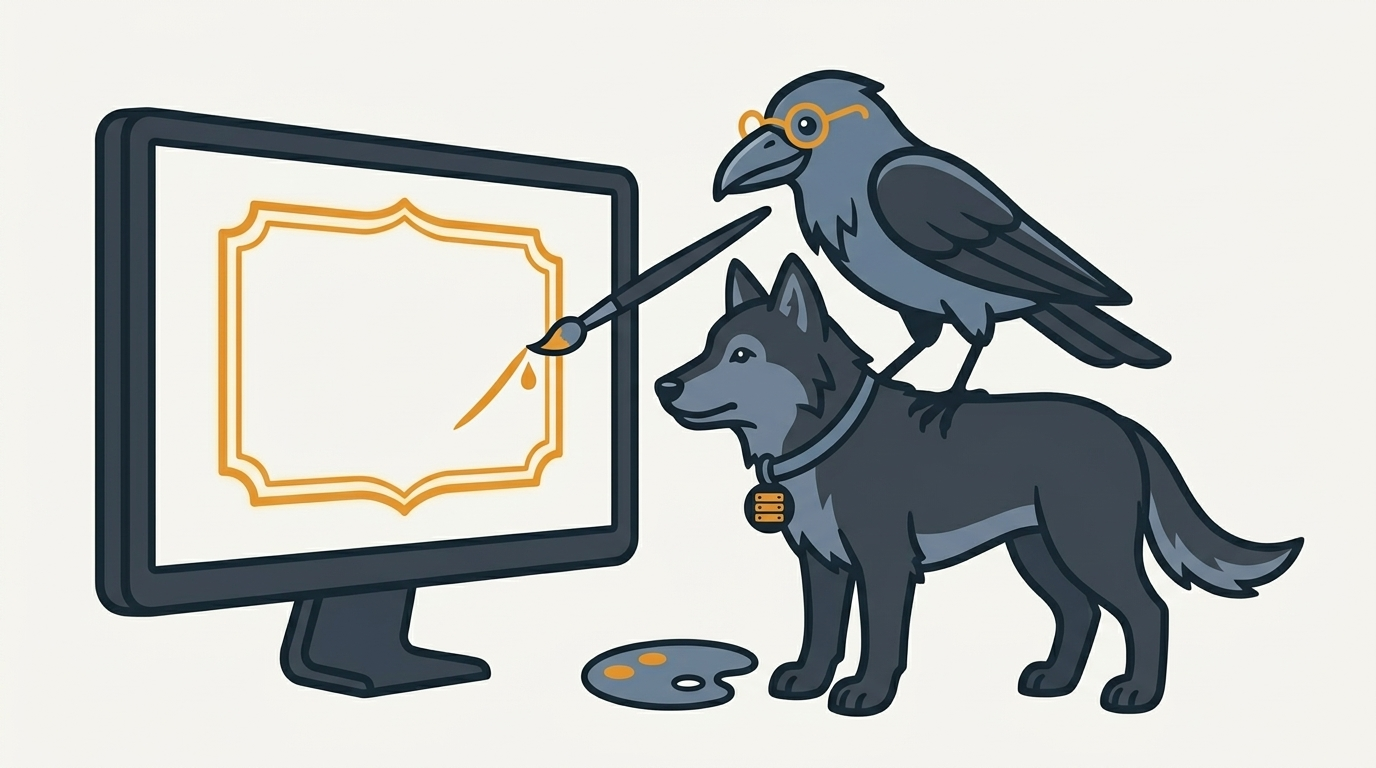 the wolf painting a new image on a login screen, an amber frame, the raven holding the brush