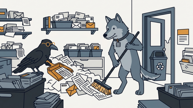 the raven spotting a bulging bin of log scrolls and sweeping the old ones into a bin with a small amber broom while the wolf holds a mailbag