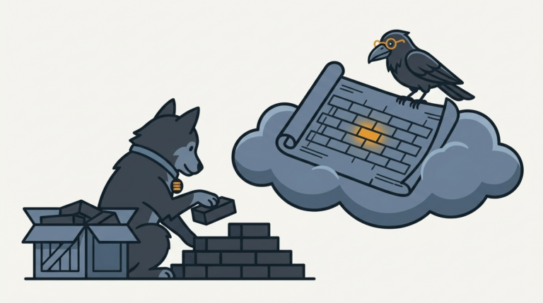 the raven unfolding a blueprint of a brick wall over a cloud, one amber brick glowing, the wolf stacking bricks from a crate