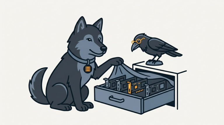 the wolf pulling a veil off a row of hidden network cards in a drawer, one amber, the raven peering
