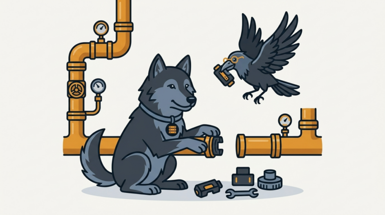 the wolf fixing a missing handler on a service pipe, an amber pipe, the raven carrying a spare piece