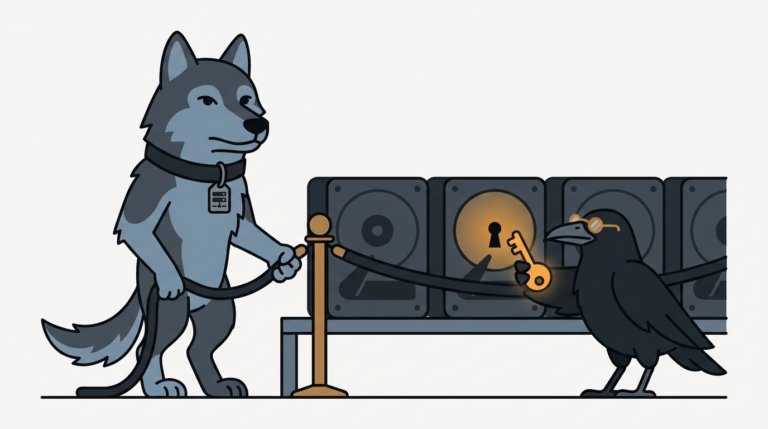 the raven handing out small keys to rows of identical virtual-machine boxes sitting on shelves, one amber key in its beak, the wolf guarding the shelf
