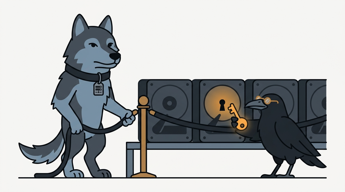 the raven handing out small keys to rows of identical virtual-machine boxes sitting on shelves, one amber key in its beak, the wolf guarding the shelf