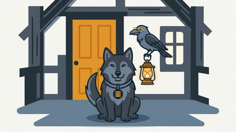 the wolf hosting a service inside a team site house, an amber door, the raven holding a small lantern